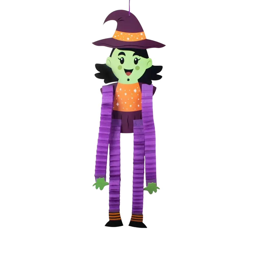 A cheerful purple and orange witch piñata paper ornament with green face black hair and star-patterned top for halloween hanging décor