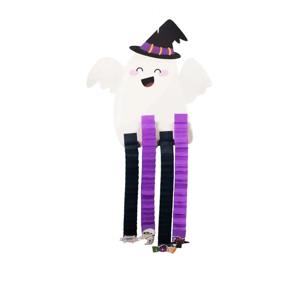 A cheerful white paper ghost piñata with a black witch hat and black and purple fringed streamers hanging legs