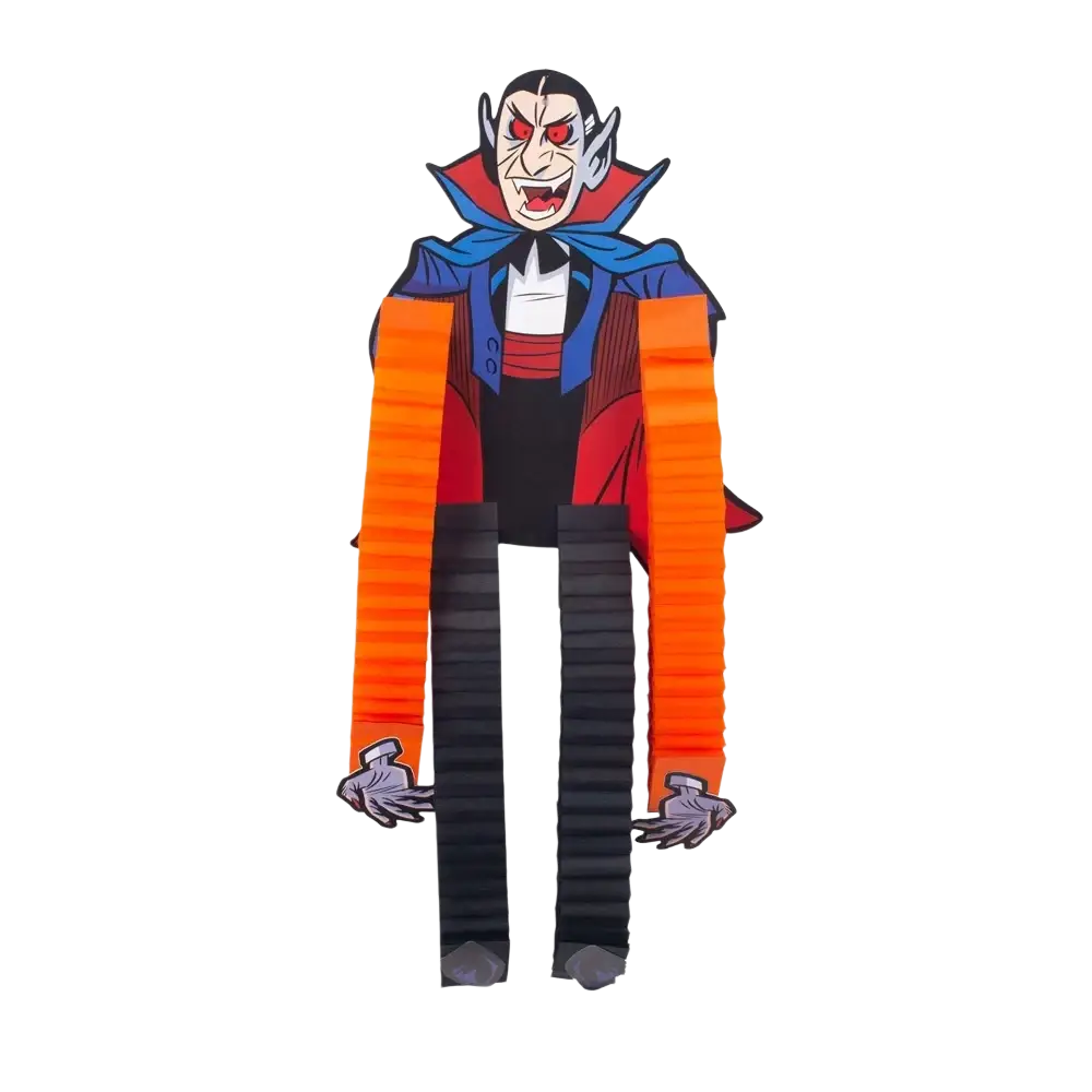 A colorful 70cm tall paper piñata shaped like a cartoon vampire with red eyes and fangs for Halloween hanging decor