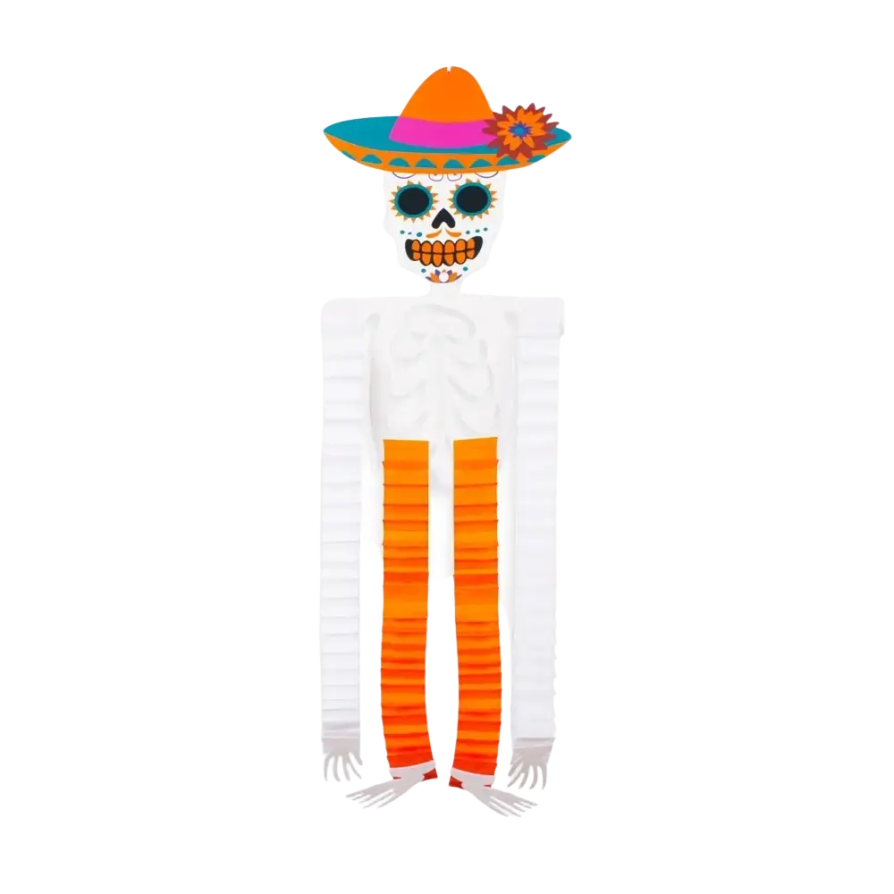 A colorful paper skeleton piñata with a decorative sombrero and orange-striped legs in a halloween hanging paper ornaments 4pack