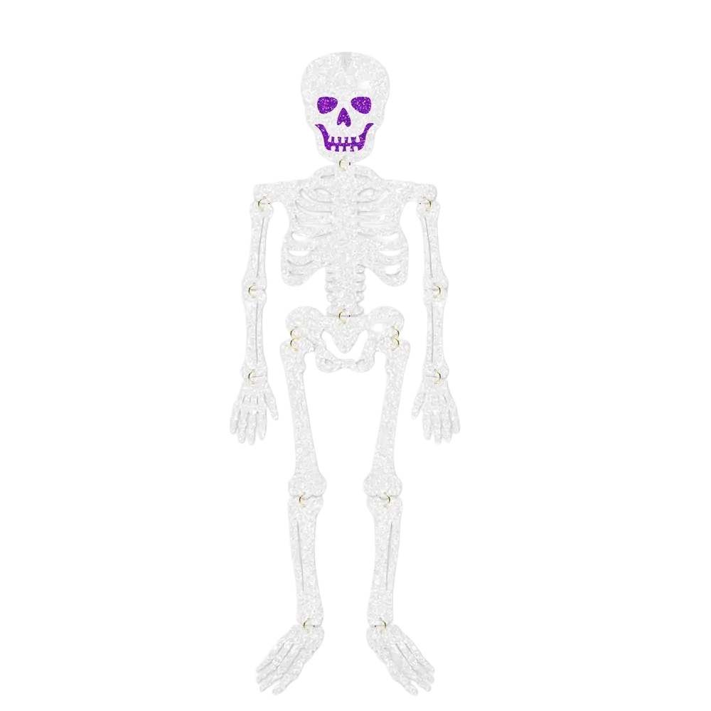 A glittery white plastic skeleton Halloween hanging paper ornament with purple sparkly eyes and mouth for decoration