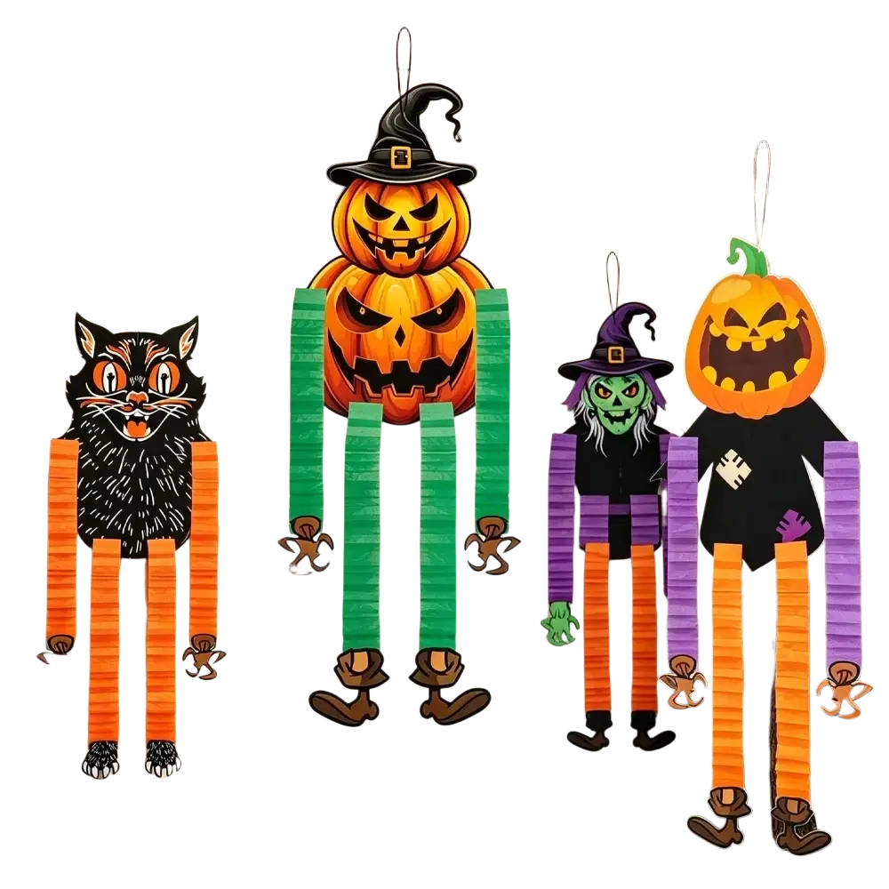 Halloween hanging paper ornaments 4pack featuring orange and green witch pumpkin cat and scarecrow decorations on front door