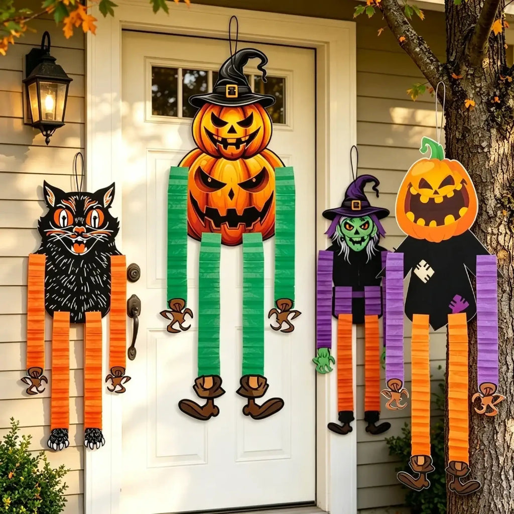 Halloween hanging paper ornaments 4pack featuring orange and green witch pumpkin cat and scarecrow decorations on front door
