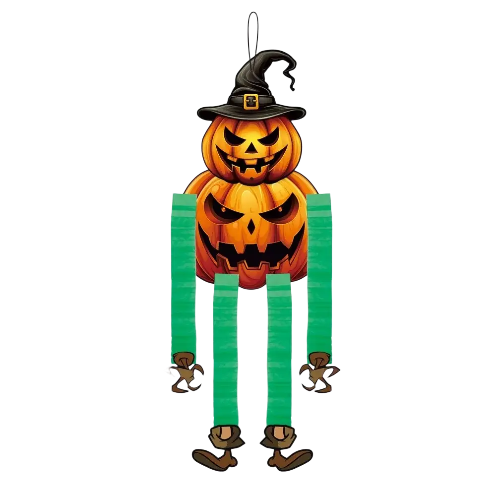 Orange jack-o-lantern paper ornament with black witch hat and green legs for halloween hanging decoration 4 pack