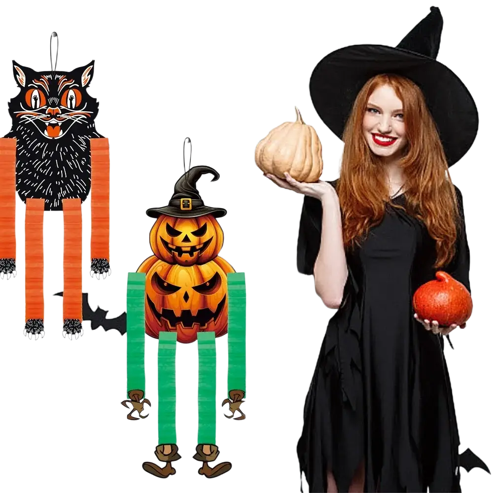 Orange pumpkin piñata paper ornament with green striped legs and black witch hat for halloween hanging decoration
