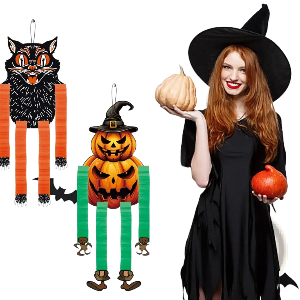 Orange pumpkin piñata paper ornament with green striped legs and black witch hat for halloween hanging decoration