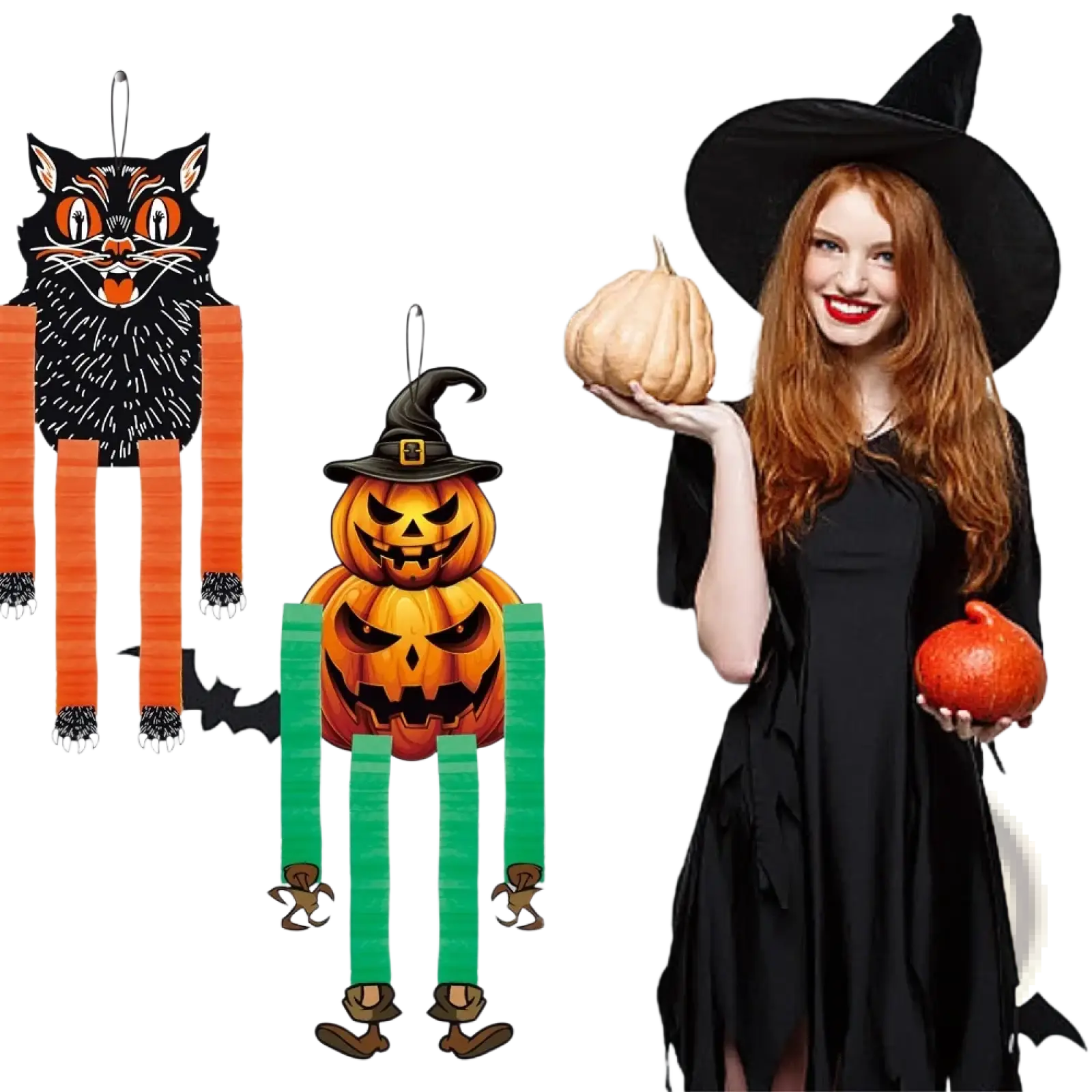 Orange pumpkin piñata paper ornament with green striped legs and black witch hat for halloween hanging decoration