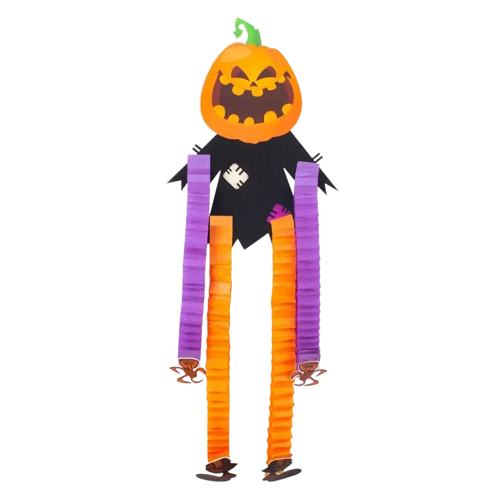 Halloween hanging paper ornaments 4pack featuring orange pumpkin head, black robe, and purple striped paper legs decoration