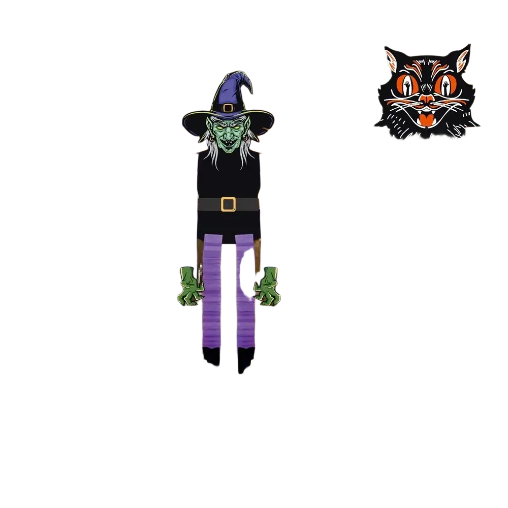 Purple and black witch halloween hanging paper ornament with green hands and feet wearing a purple hat and belt