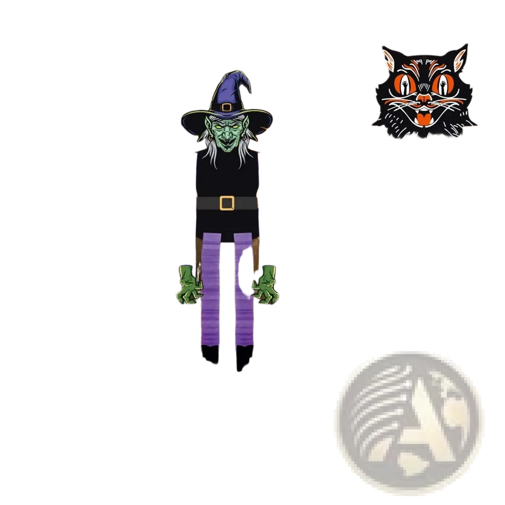 Purple and black witch halloween hanging paper ornament with green hands and feet wearing a purple hat and belt