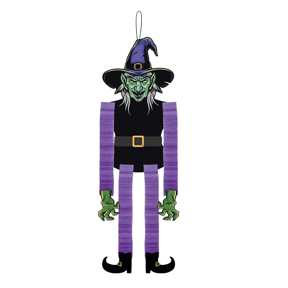 Halloween hanging paper ornaments 4pack featuring purple and black witch shapes with gold buckle belt