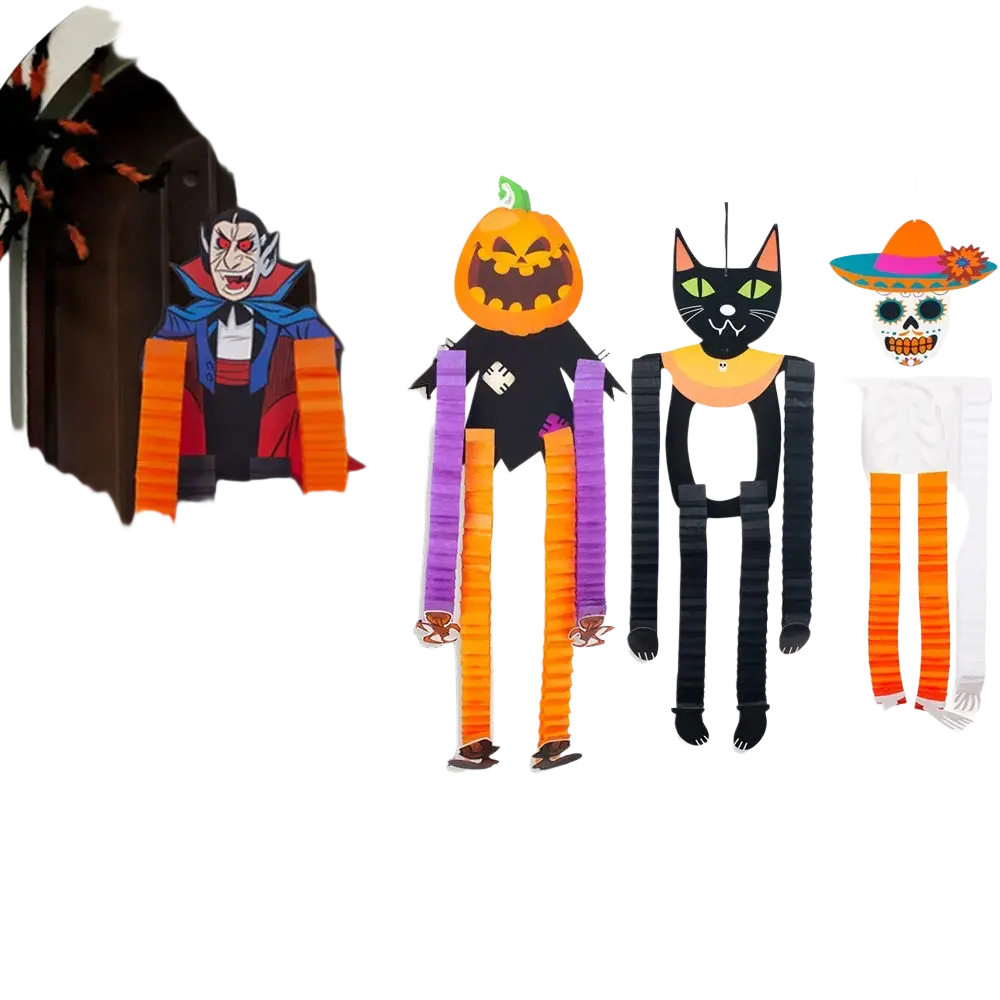 Set of four halloween hanging paper ornaments featuring colorful striped limbs vampire pumpkin black cat and sugar skull