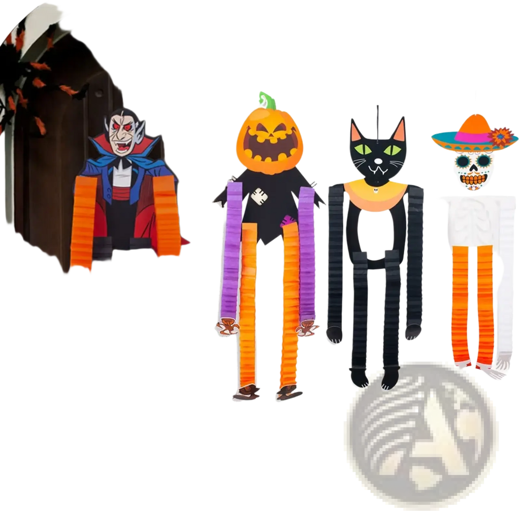 Set of four halloween hanging paper ornaments featuring colorful striped limbs vampire pumpkin black cat and sugar skull