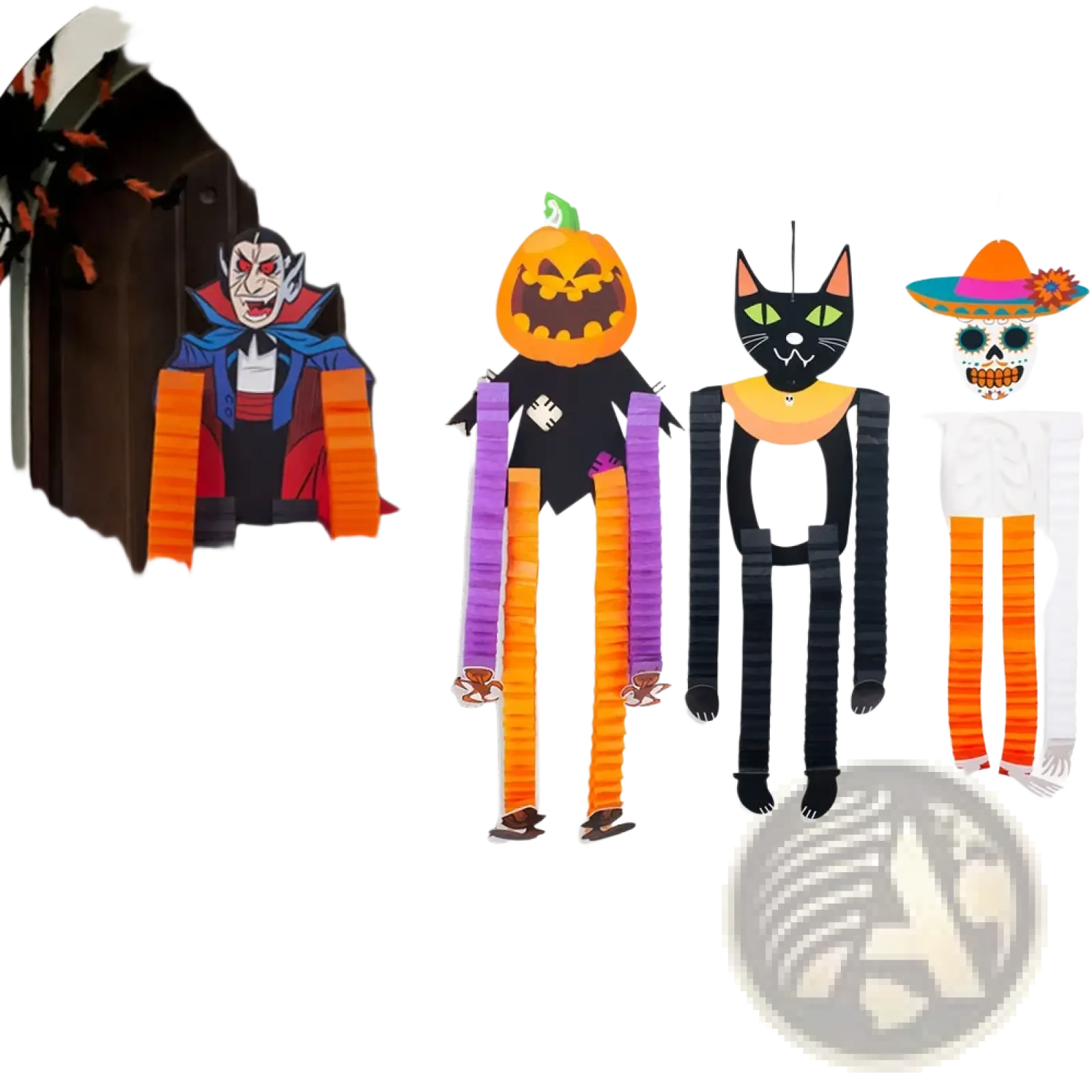 Set of four halloween hanging paper ornaments featuring colorful striped limbs vampire pumpkin black cat and sugar skull