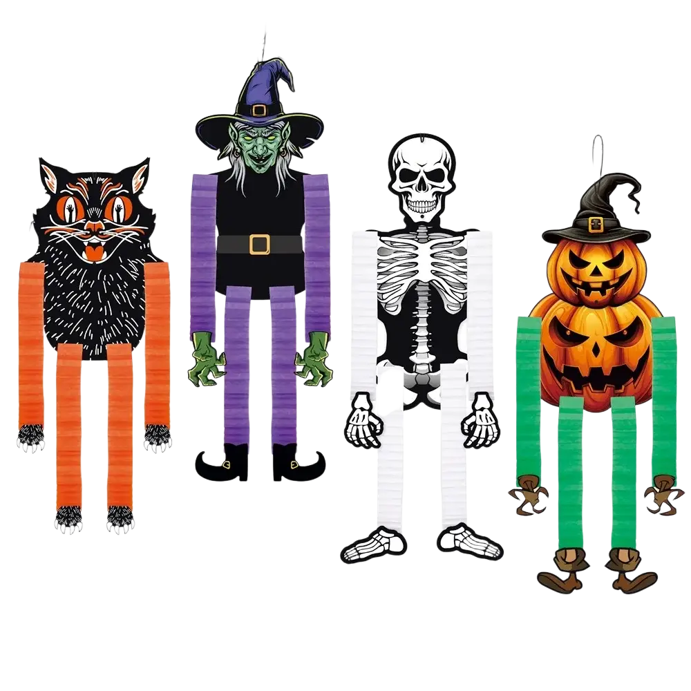 Halloween hanging paper ornaments 4pack featuring black cat, witch, skeleton, and pumpkin piñata characters