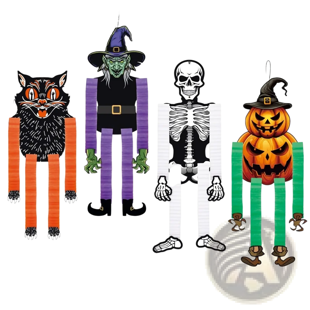 Halloween hanging paper ornaments 4pack featuring black cat, witch, skeleton, and pumpkin piñata characters