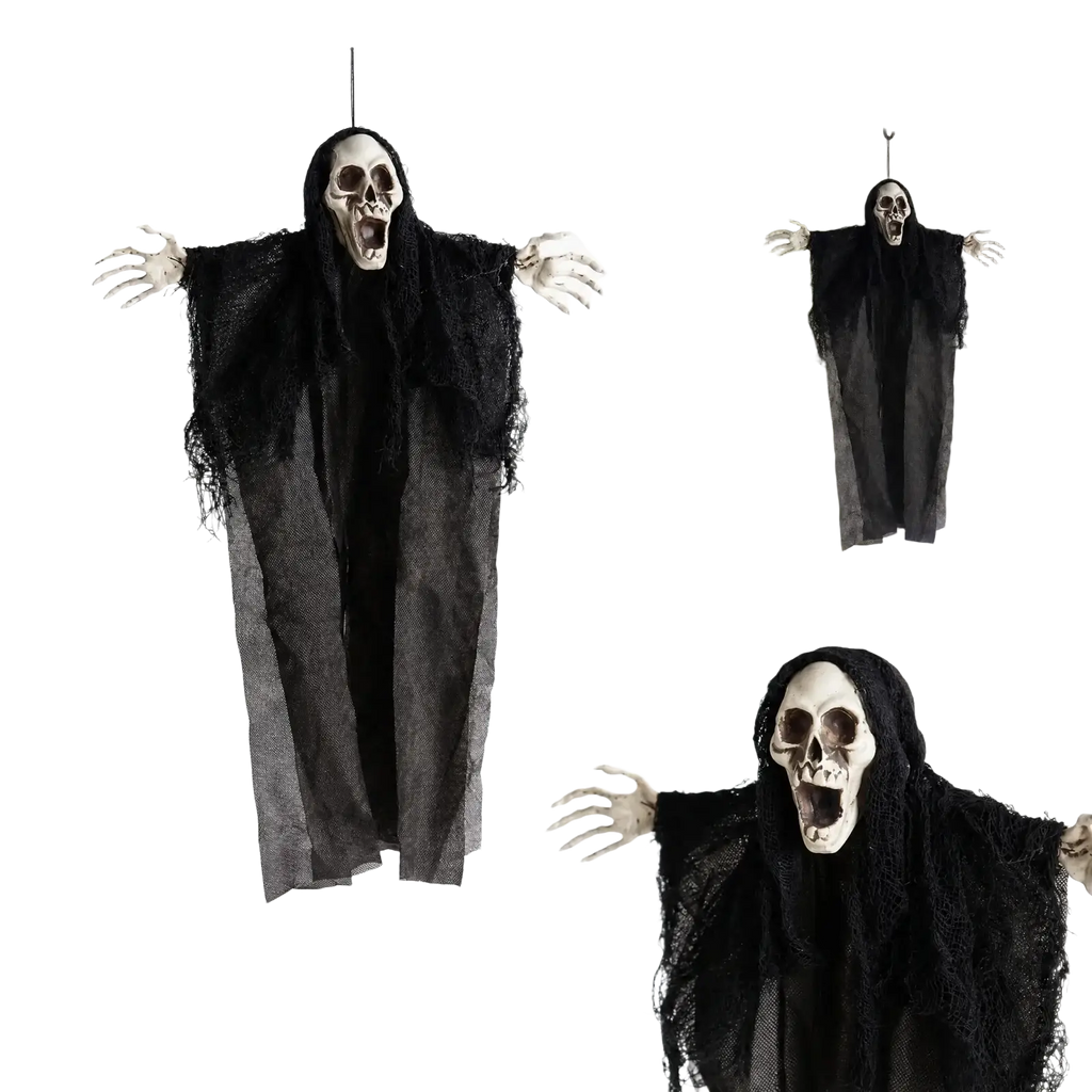 Black halloween hanging prop skeleton ghost decoration with tattered robe and skeletal hands for escape room use