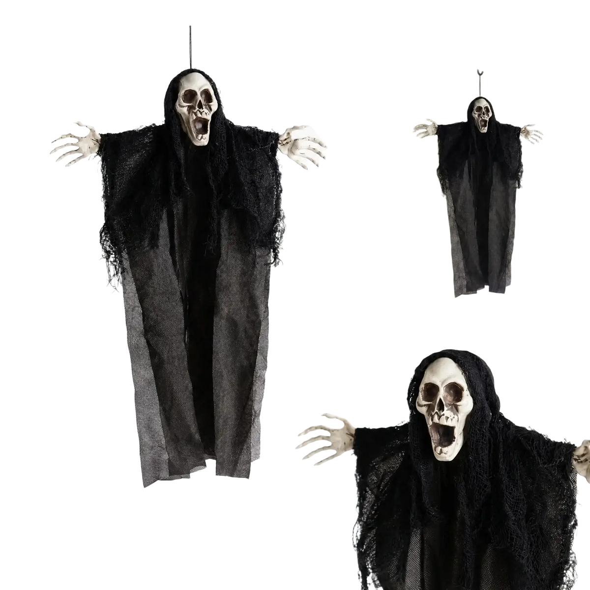 Black halloween hanging prop skeleton ghost decoration with tattered robe and skeletal hands for escape room use
