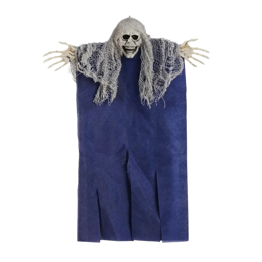 A halloween hanging prop skeleton ghost decoration with long grayish-white hair and tattered fabric draped arms