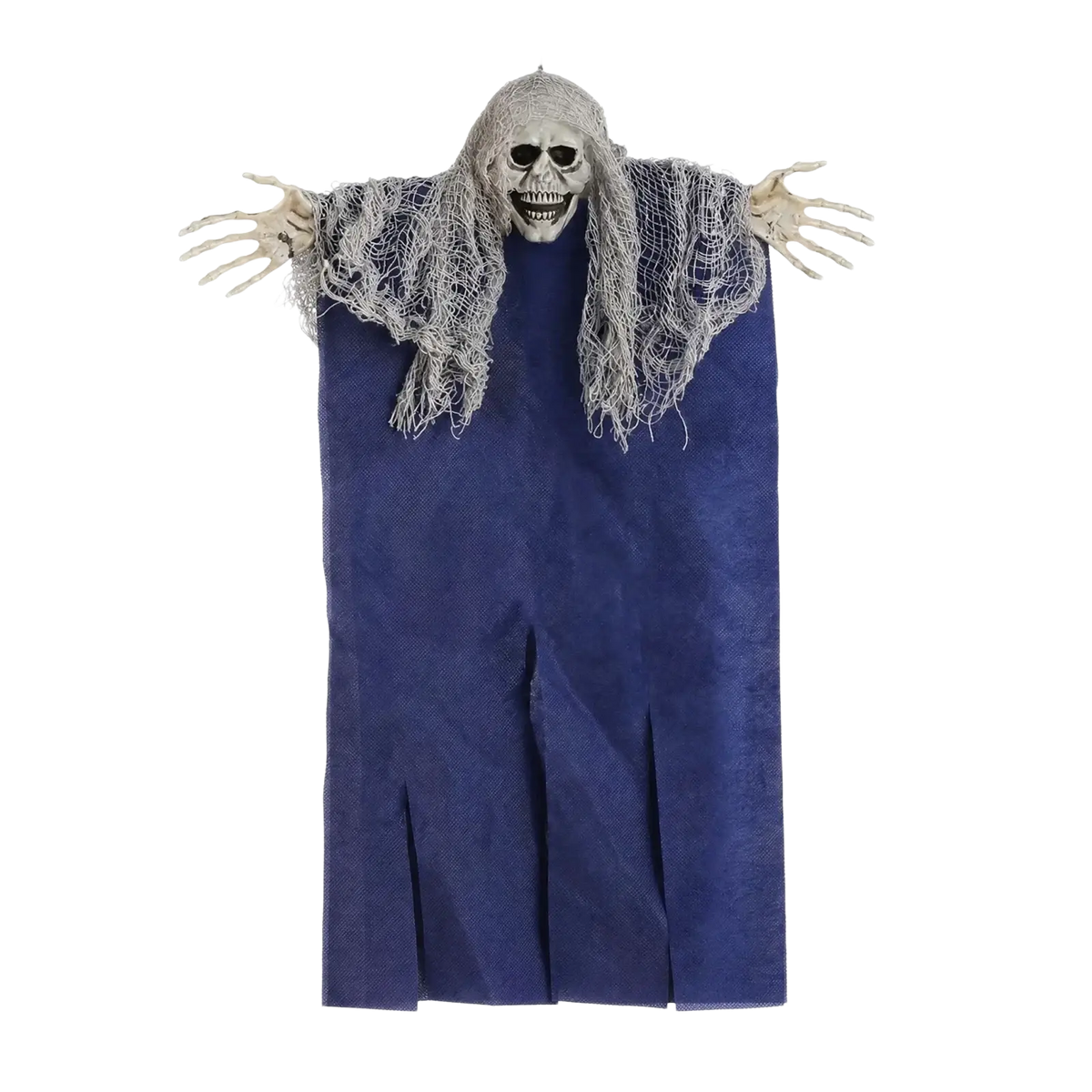 A halloween hanging prop skeleton ghost decoration with long grayish-white hair and tattered fabric draped arms