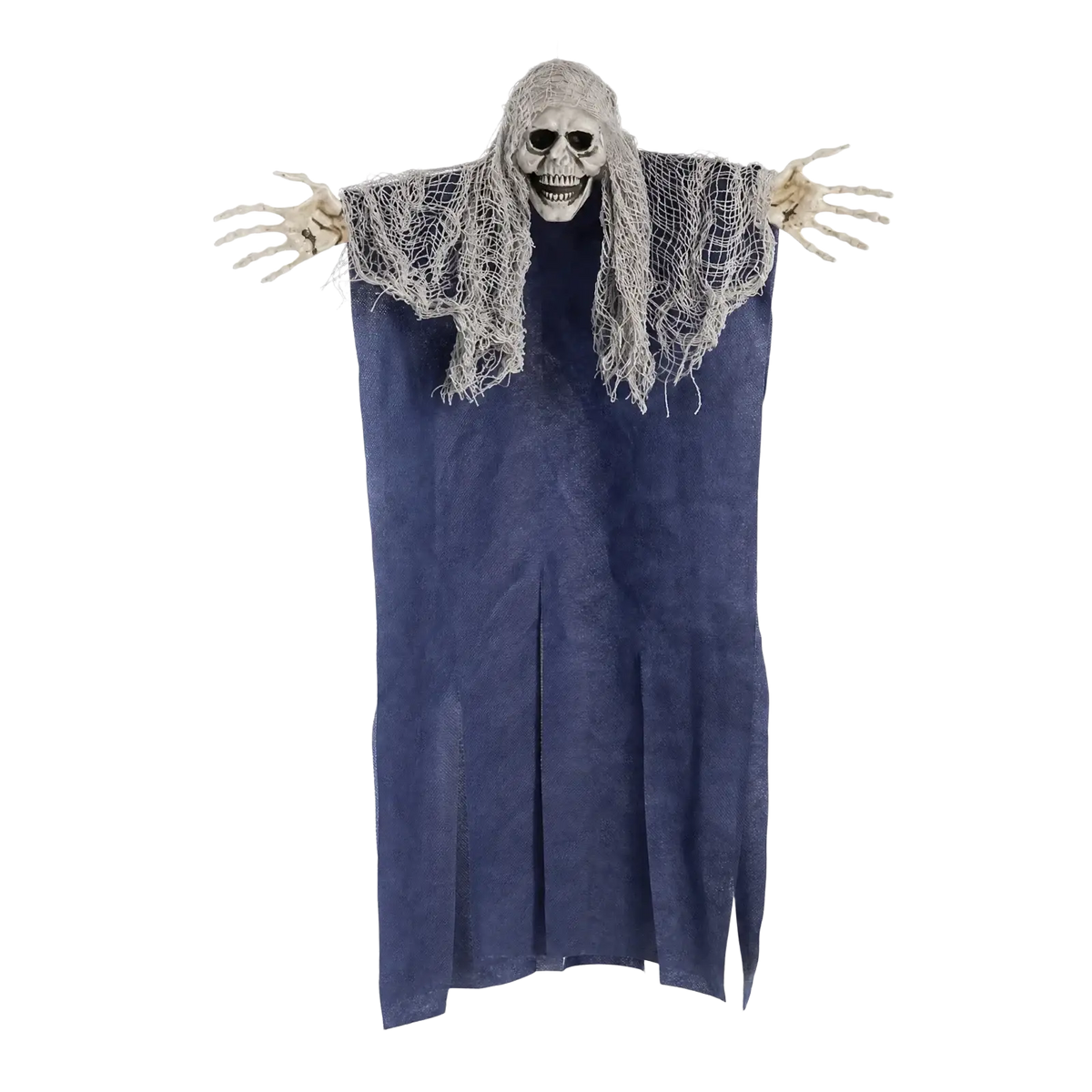 A halloween hanging prop skeleton ghost decoration with long gray hair and dark blue fabric robe for escape rooms