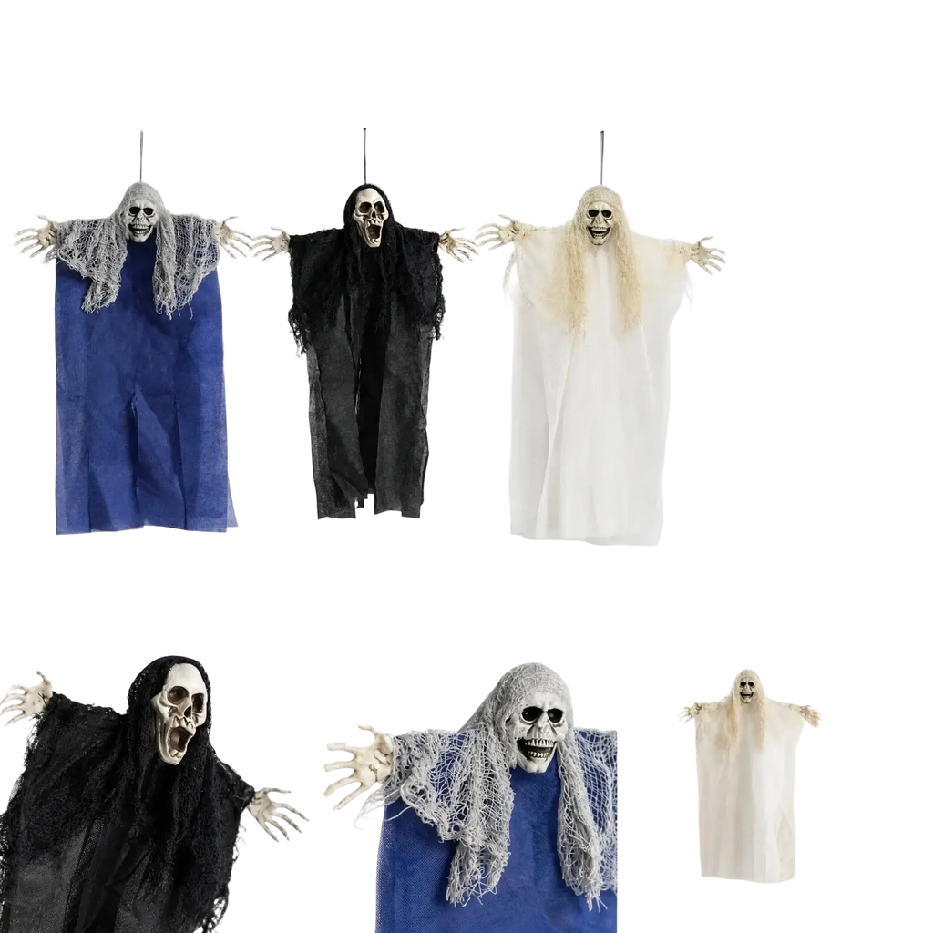 Three halloween hanging prop skeleton ghost decorations with skeletal faces in blue black and white robes for escape room use