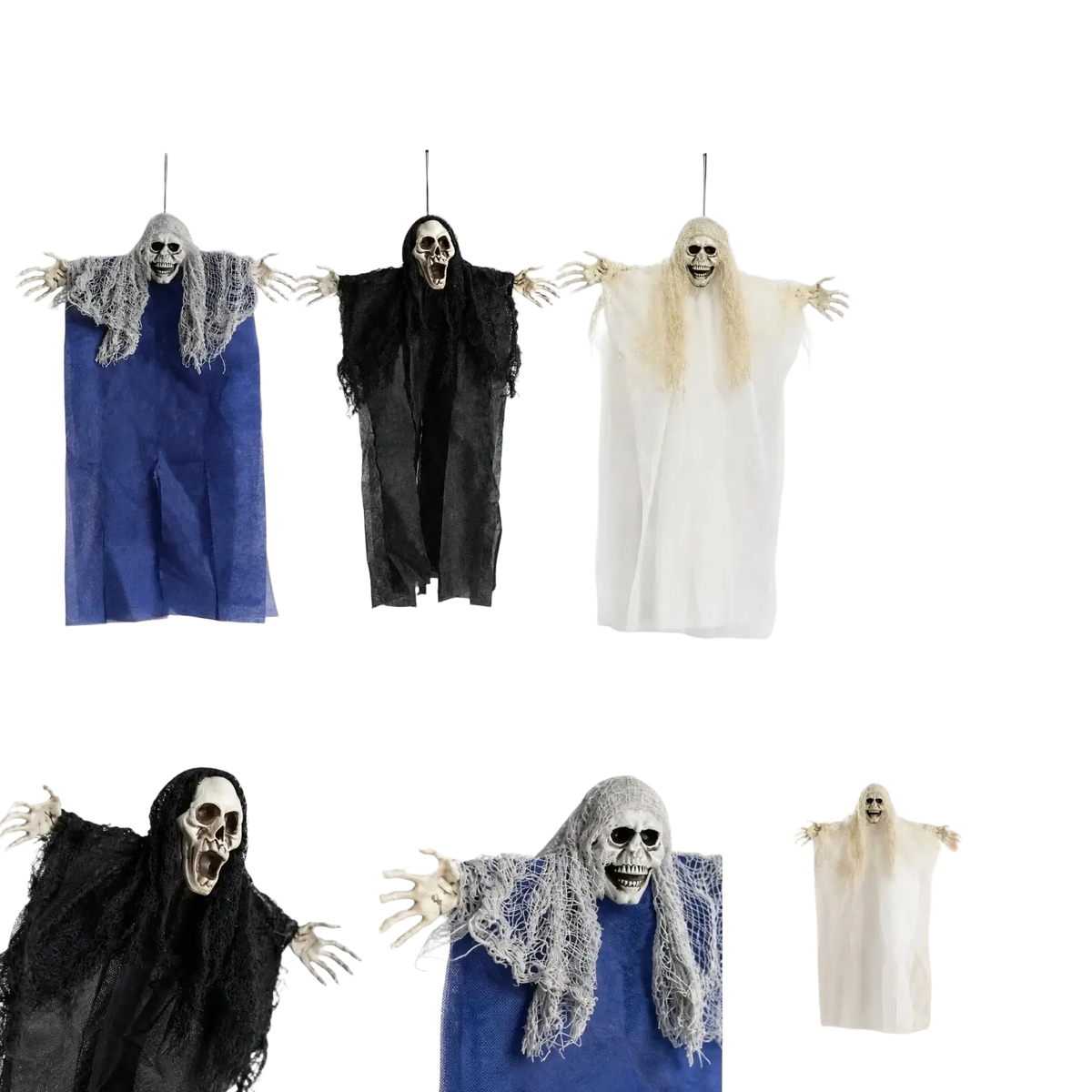 Three halloween hanging prop skeleton ghost decorations with skeletal faces in blue black and white robes for escape room use