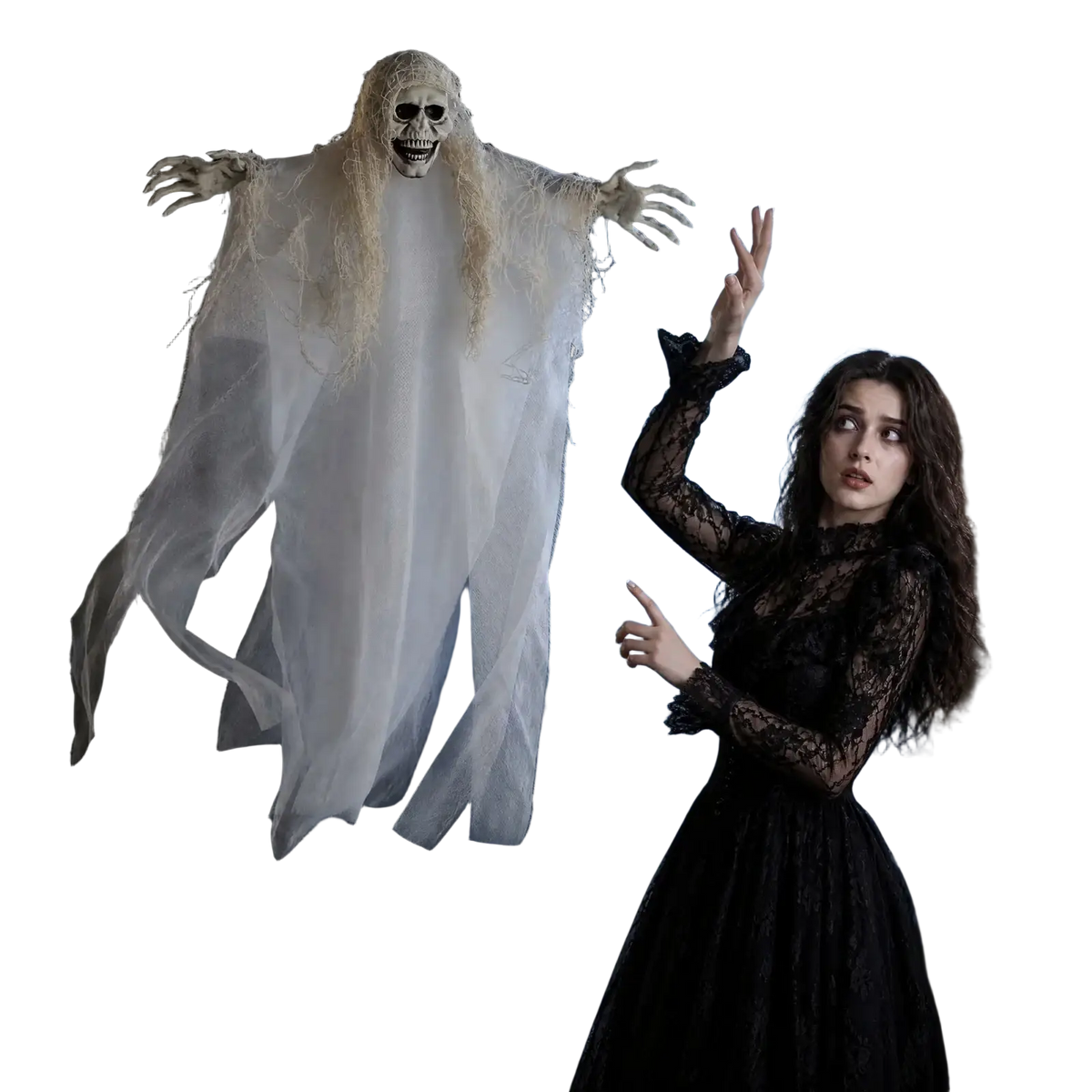 A halloween hanging prop skeleton ghost decoration made of translucent white fabric with a skeletal face for escape room use