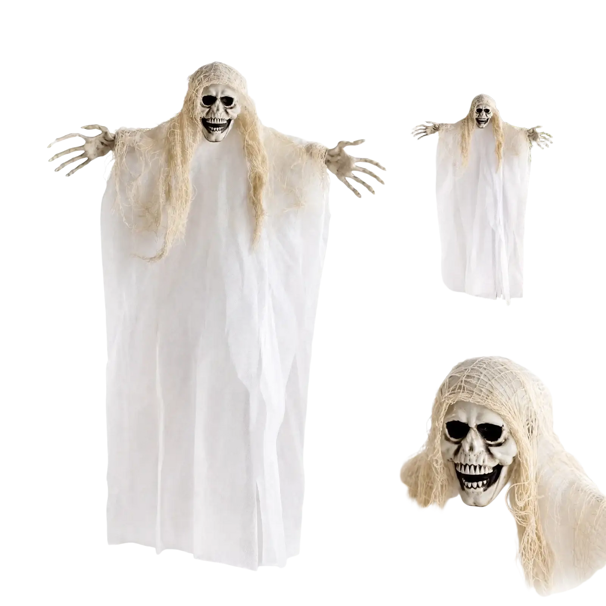 A white halloween hanging prop skeleton ghost decoration with a skeletal face and long stringy blonde hair for escape rooms
