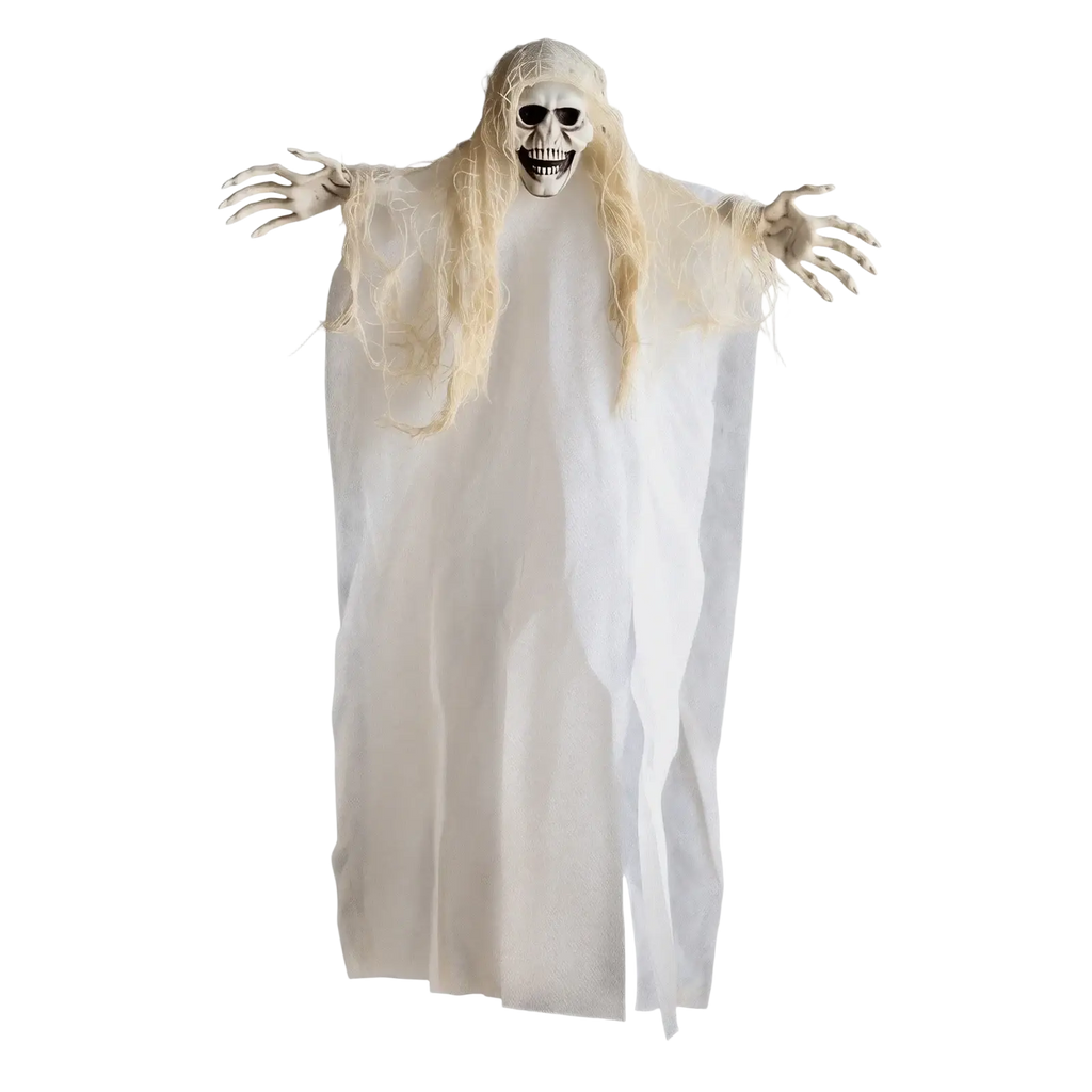 A white translucent halloween hanging prop featuring a skeletal ghost with long blonde hair for escape room decor