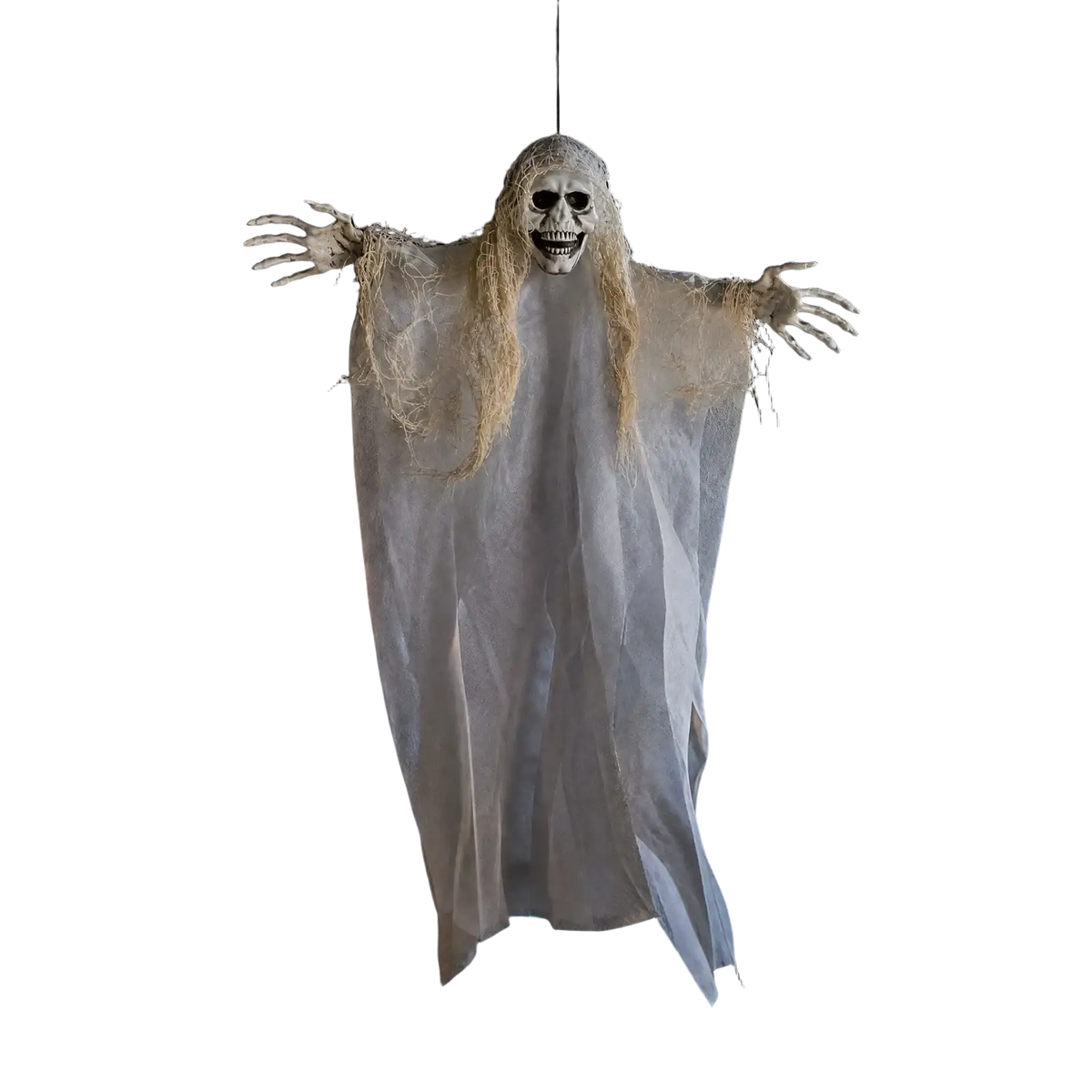 A halloween hanging prop skeleton ghost decoration featuring a white translucent figure with blonde hair for escape room use