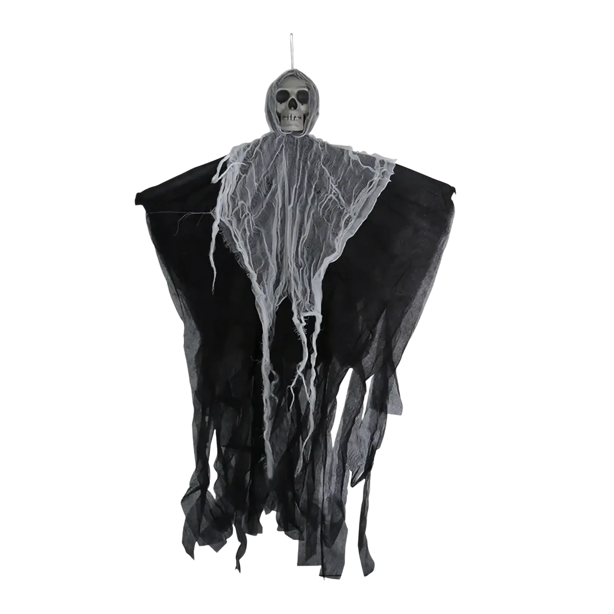 Halloween hanging skull ghost prop made of black fabric with a skull head and white web-like draped material