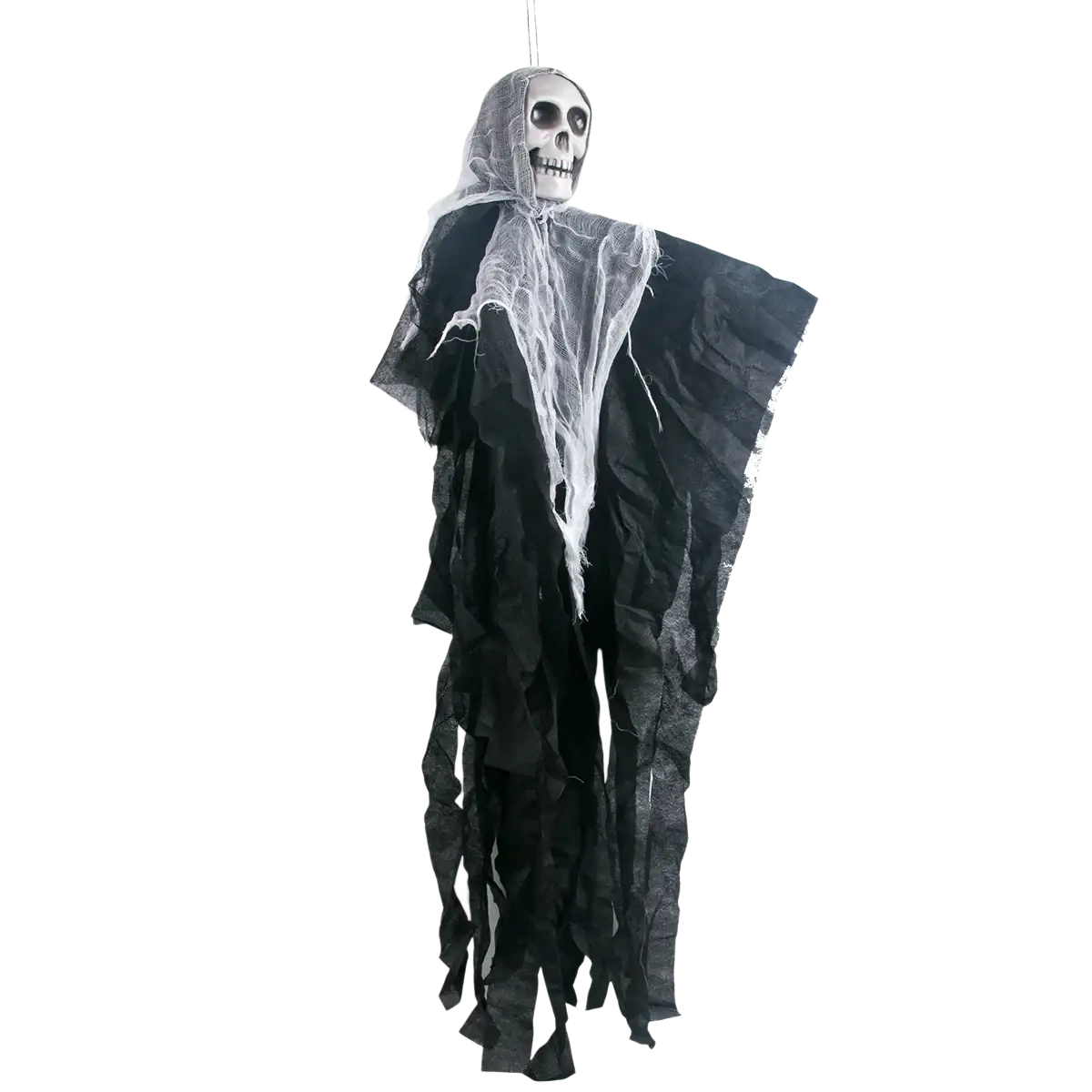 Black fabric halloween hanging skull ghost prop with skull head and white mesh veil decoration
