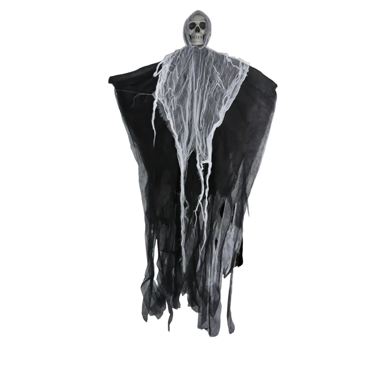 Halloween hanging skull ghost prop featuring a black skull head and tattered fabric body hanging from a front door