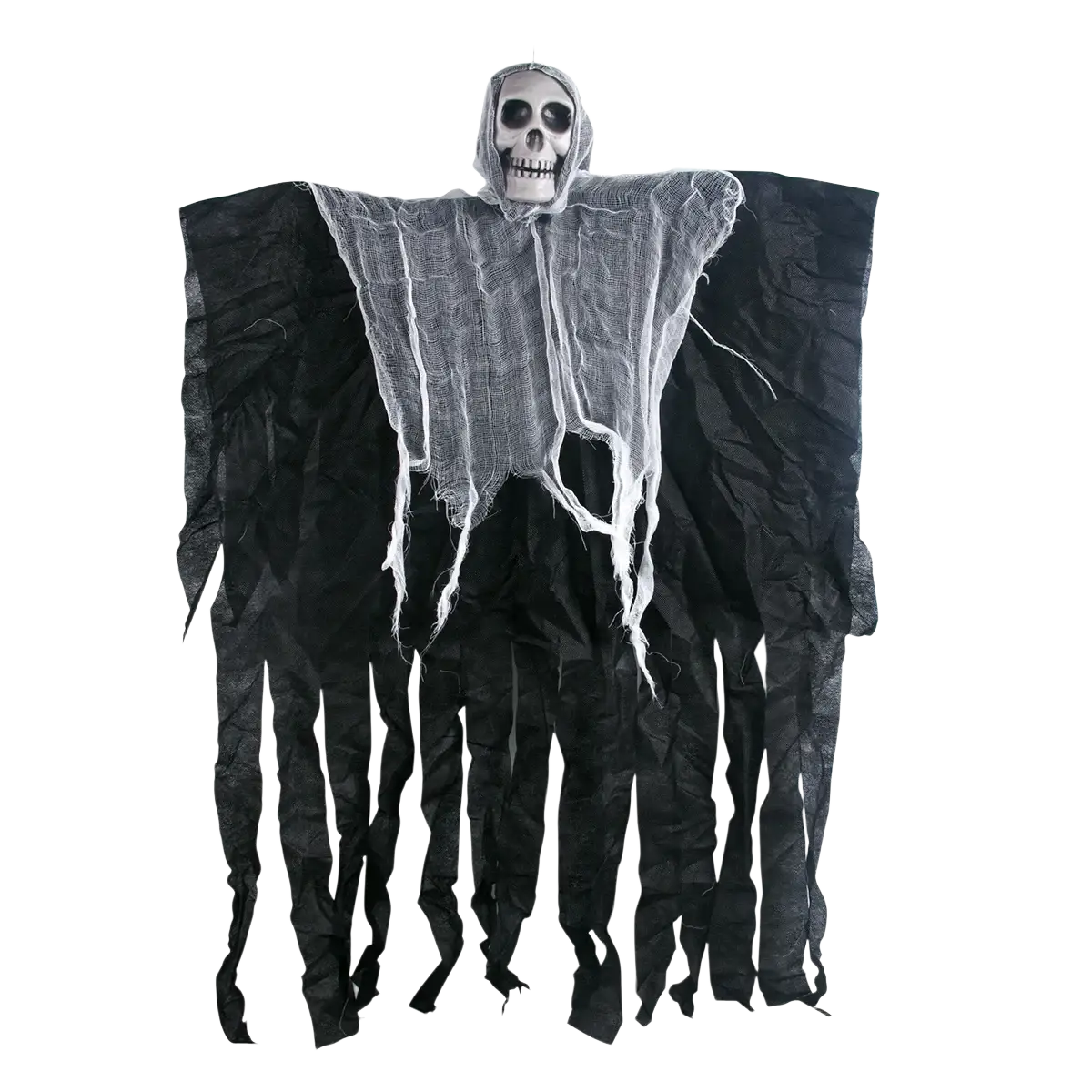 Black halloween hanging skull ghost prop with skull head draped in tattered fabric and white mesh for decoration