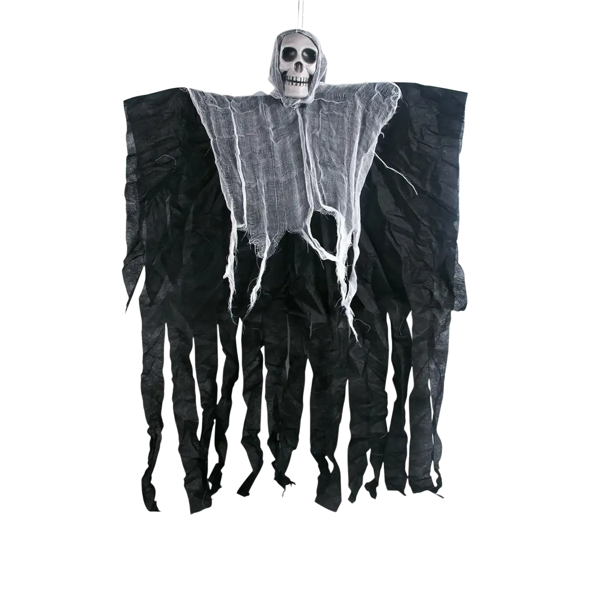 A black halloween hanging skull ghost prop with a skull head and white mesh fabric draped over its tattered body