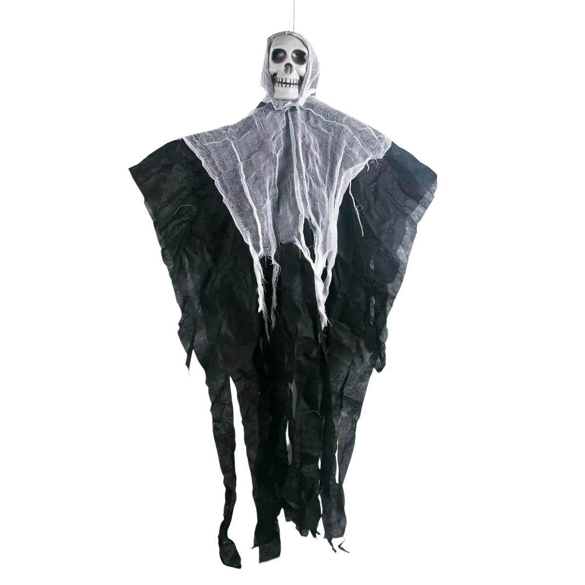 Black and white halloween hanging skull ghost prop with hooded skeleton figure and tattered fabric robe