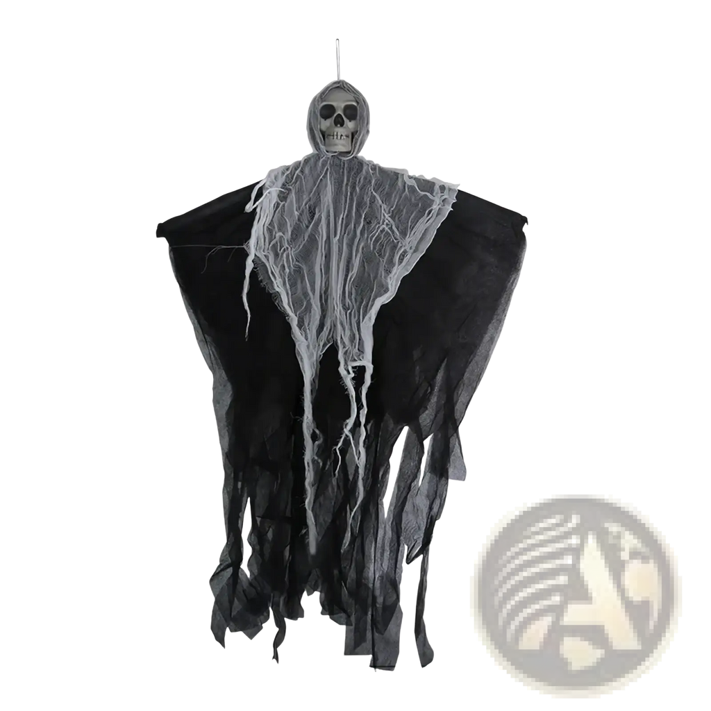 Halloween hanging skull ghost prop made of black fabric with a skull head and white web-like draped material
