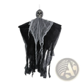 Halloween hanging skull ghost prop made of black fabric with a skull head and white web-like draped material
