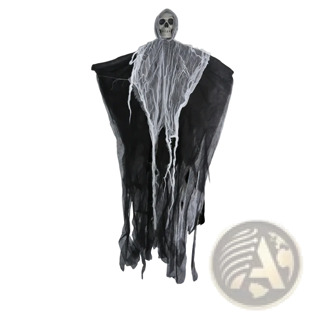 Halloween hanging skull ghost prop featuring a black skull head and tattered fabric body hanging from a front door