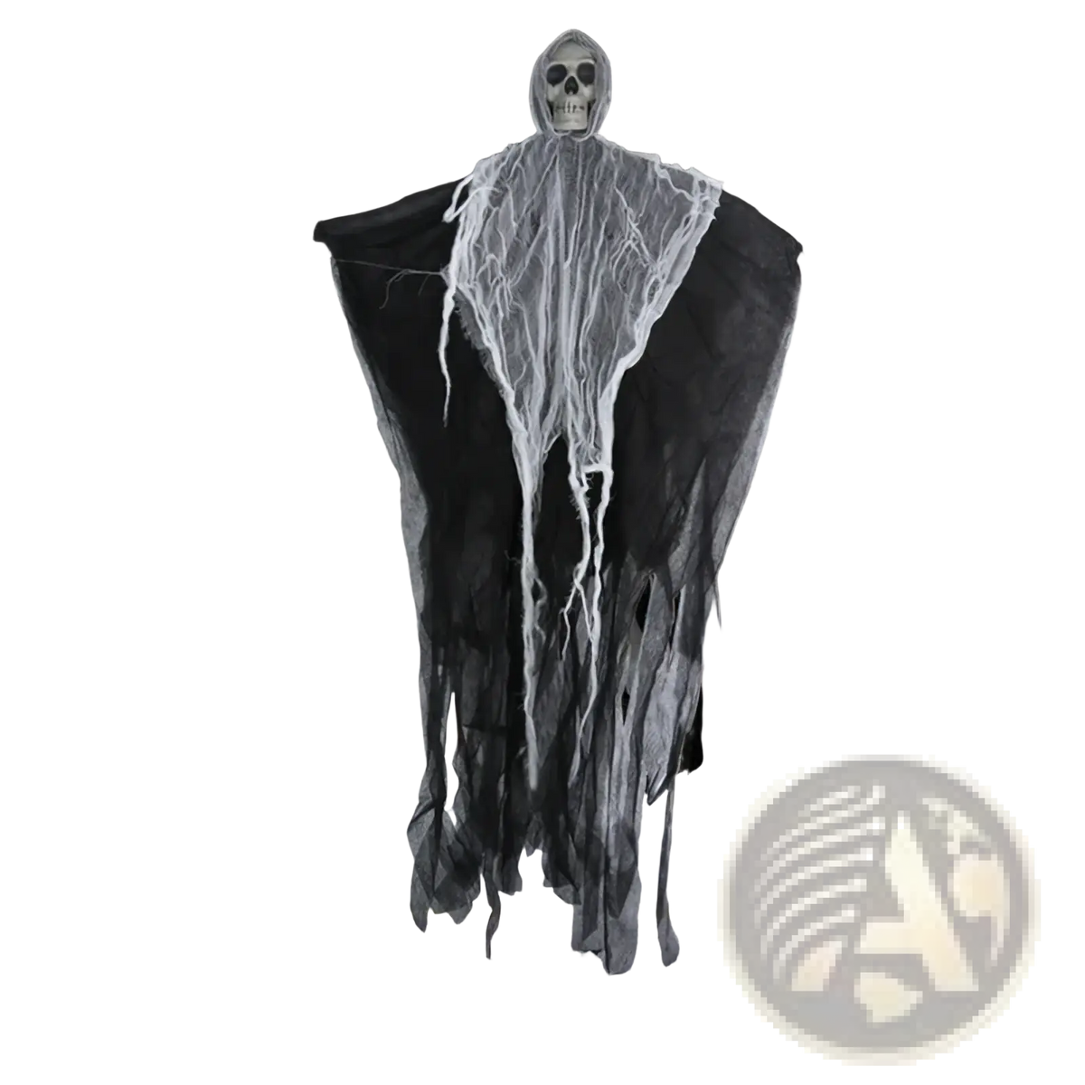 Halloween hanging skull ghost prop featuring a black skull head and tattered fabric body hanging from a front door