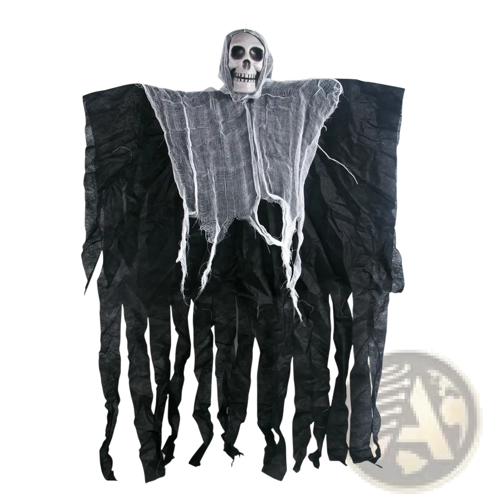 Black halloween hanging skull ghost prop with skull head draped in tattered fabric and white mesh for decoration