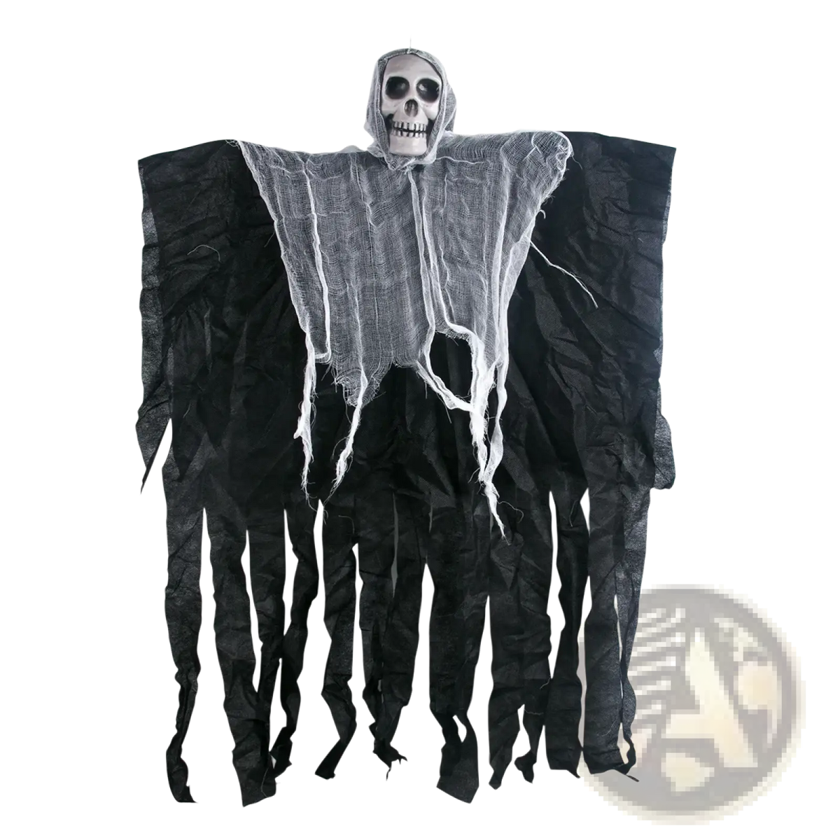 Black halloween hanging skull ghost prop with skull head draped in tattered fabric and white mesh for decoration