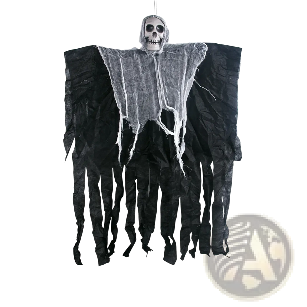 A black halloween hanging skull ghost prop with a skull head and white mesh fabric draped over its tattered body