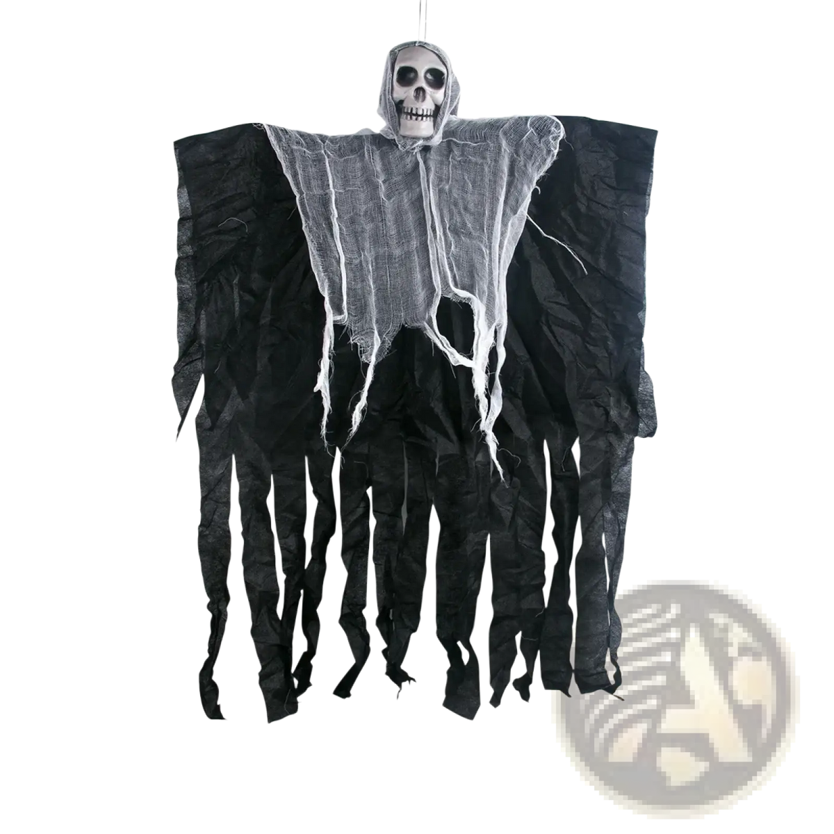 A black halloween hanging skull ghost prop with a skull head and white mesh fabric draped over its tattered body