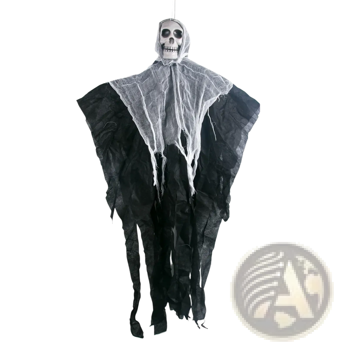 Black and white halloween hanging skull ghost prop with hooded skeleton figure and tattered fabric robe
