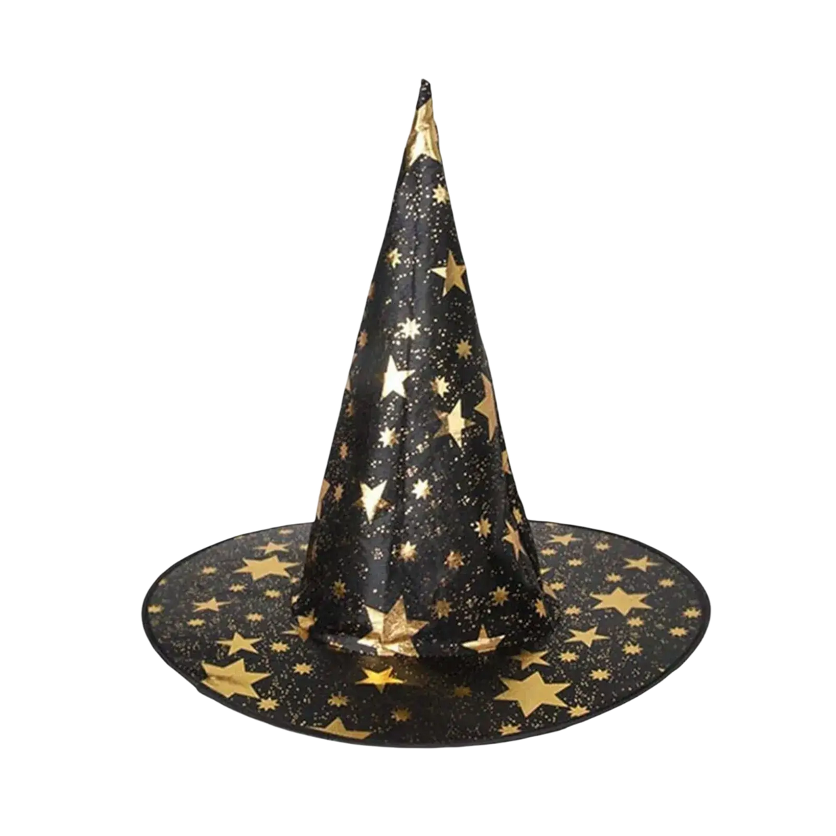 Black halloween hat with gold star patterns and glittery accents suitable as halloween hat decoration props