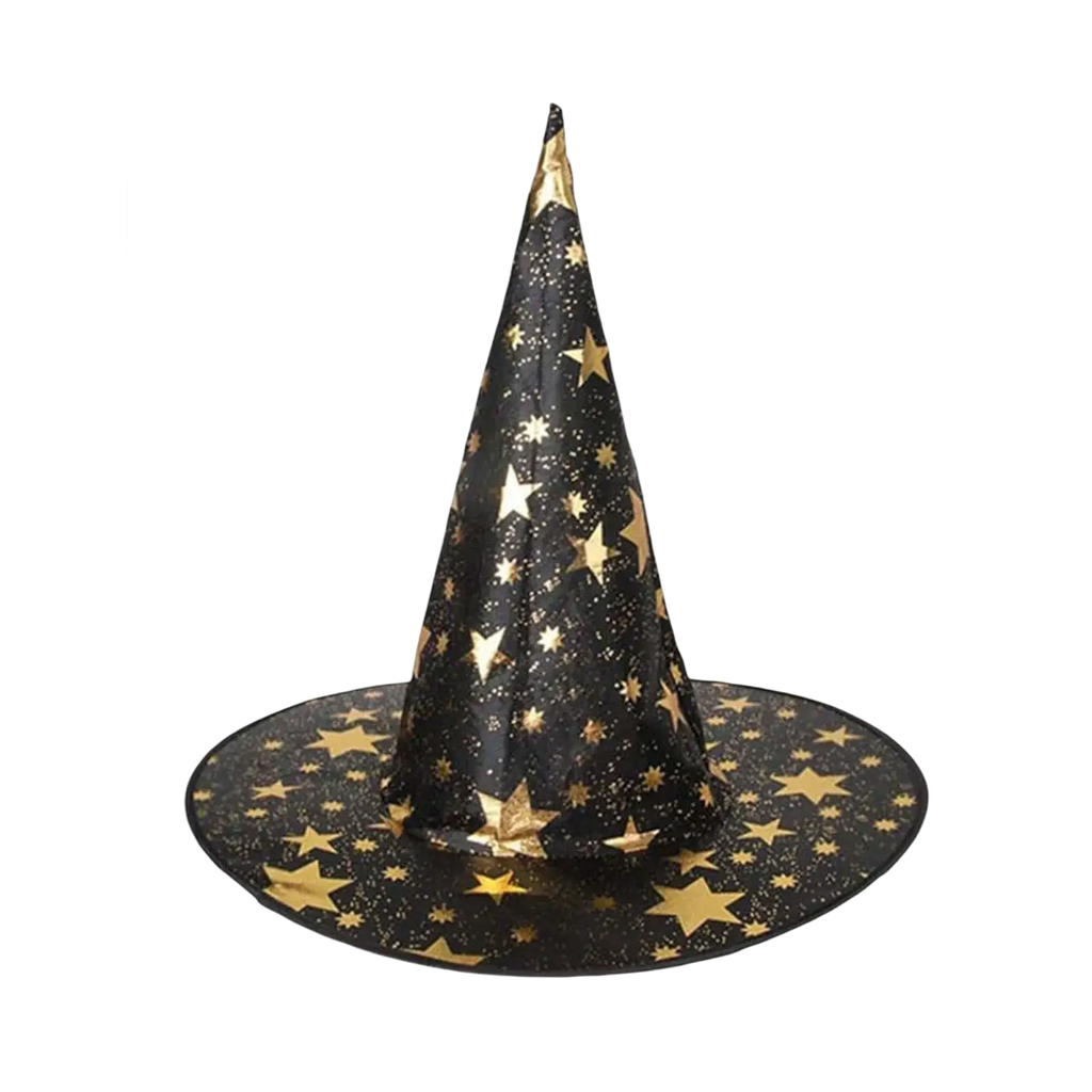 Black halloween hat with gold star patterns and glittery accents suitable as a halloween hat decoration prop
