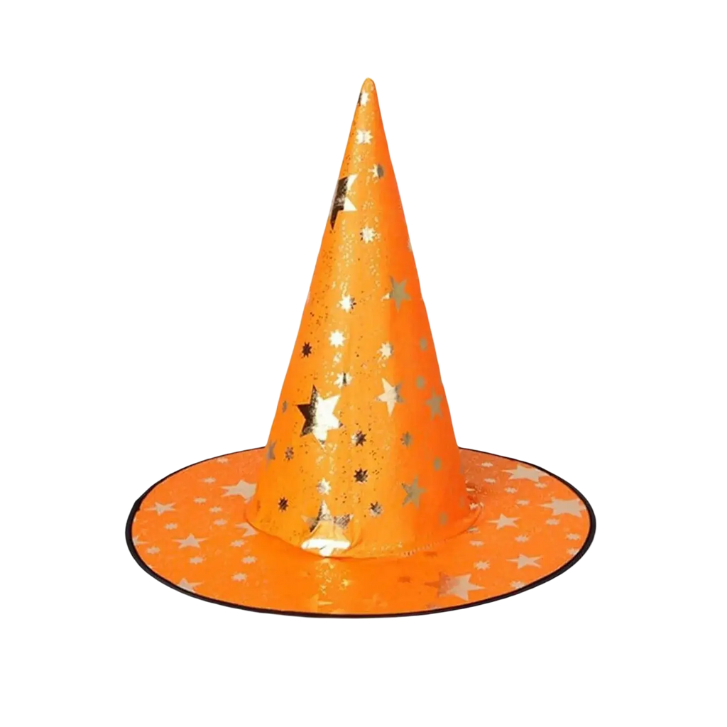 Bright orange halloween hat with shimmering silver stars as hat decoration props for wizard costume use