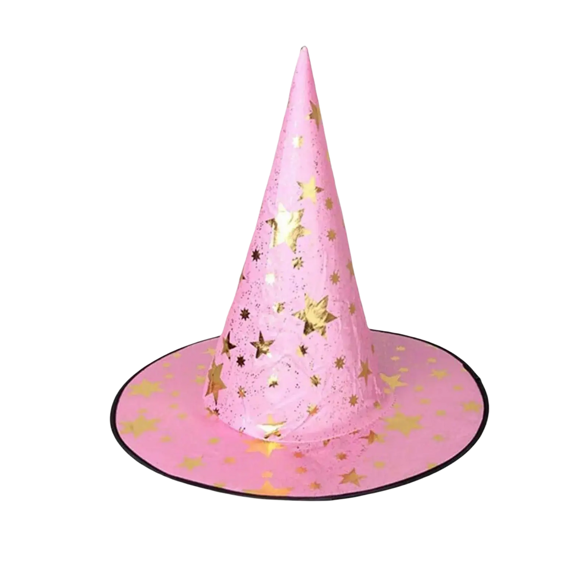 Pink halloween hat with gold star pattern and black rim ideal for halloween hat decoration props and wizard costumes